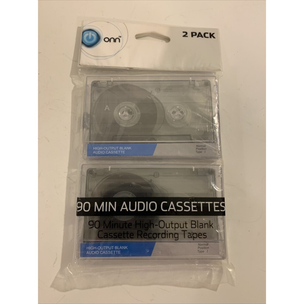 Two Blank 90 Minute Audo Cassette Tapes - New in Package - Onn brand